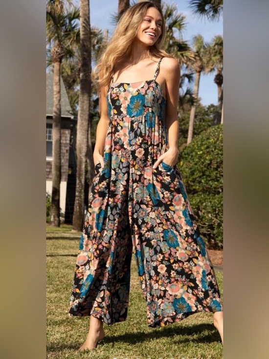 NATURAL LIFE Pants - NATURAL LIFE Black Floral Wide-Leg Jumpsuit with Blue & Pink Flowers